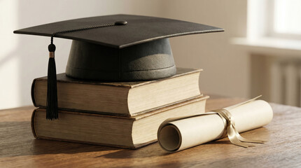 Graduation cap on books with diploma symbolizes academic achievement and success