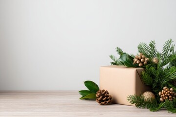 Minimalist Seasonal Scene with Gift Box and Pine Cones on Wood Table