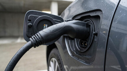 Electric vehicle charging station with connector rainy weather, showcasing modern technology