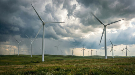 Wind turbines in large field under dramatic sky with clouds and sunlight breaking through
