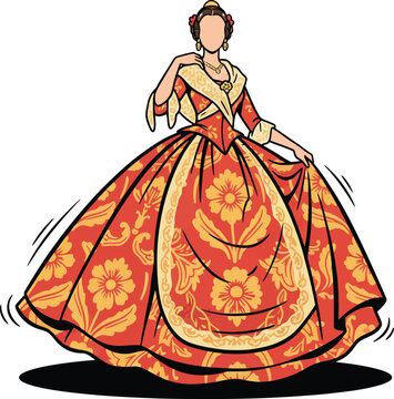 Valencia Traditional Costume Vector Illustration of Woman in Fallera Dress with Intricate Floral Patterns for Las Fallas Festival and Spanish Cultural Heritage Icon