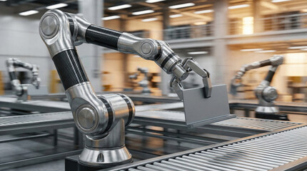 Robotic arm lifting metal object modern industrial setting, showcasing automation and precision