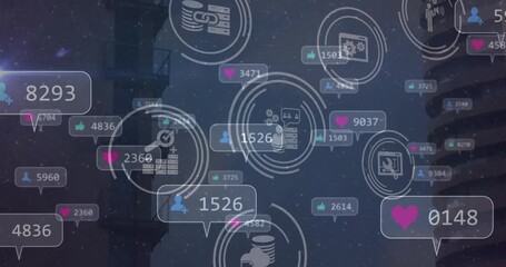 Animation of cityscape and network of social media icons and numbers - Powered by Adobe