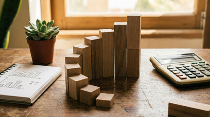 Wooden blocks arranged in growth chart on desk with calculator and notebook