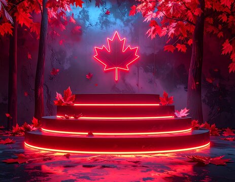 Neon red maple leaf display with falling leaves amidst trees against a mottled grey backdrop, illuminated in the dark