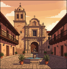 Colonial Architecture of Cordoba Argentina Vector Illustration with Historical Spanish Church Facade Fountain and Courtyard in Warm Sunset Tones