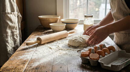 Kneading dough on wooden table with eggs and bowls nearby, creating warm baking atmosphere