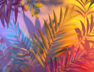 Colorful palm leaves with vibrant light and shadows