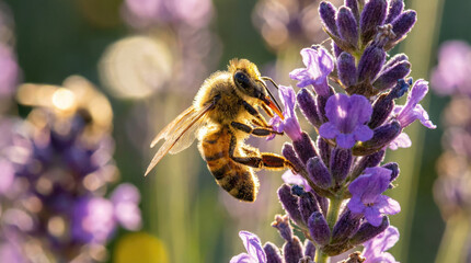 Close up of bee collecting nectar from lavender flowers, showcasing nature beauty