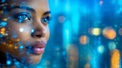 Futuristic Businesswoman Portrait in Blue Neon City Lights and Digital Data Glow