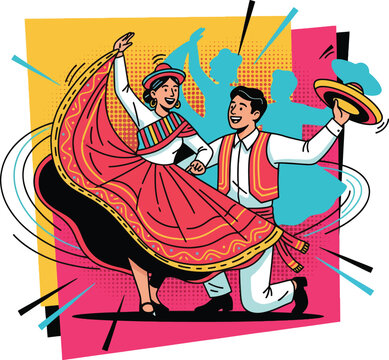 Happy Couple Performing Traditional Peruvian Folk Dance Marinera Vector Illustration Featuring Andean Costumes and Cultural Celebration of South American Heritage