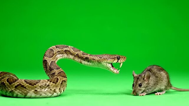 A dramatic moment captured as a powerful python with its mouth wide open, poised to strike a tiny mouse on a vibrant green background, illustrating the intense predator-prey relationship in the wild