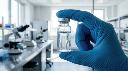 Laboratory hand holding glass vial with liquid, showcasing scientific research