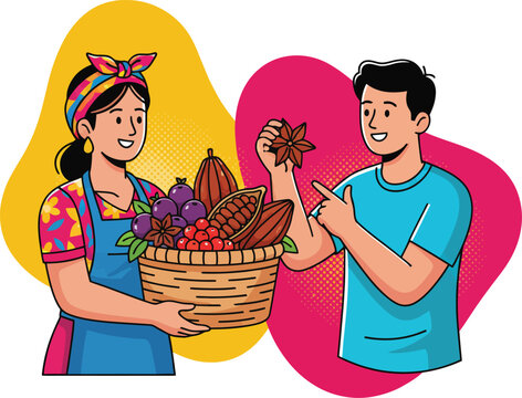 Amazonian Farmers with Basket of Local Harvest Including Cacao Pods and Star Anise Vector Illustration of Traditional Agriculture and Sustainable Food Culture in South America