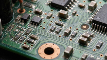 Close up of circuit board showing intricate details, components, and dust accumulation