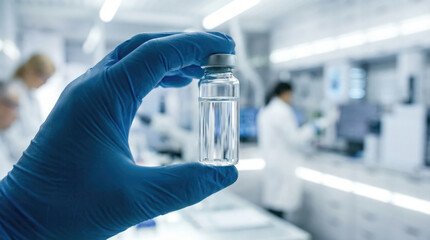 Laboratory setting with hand holding glass vial containing clear liquid, showcasing scientific