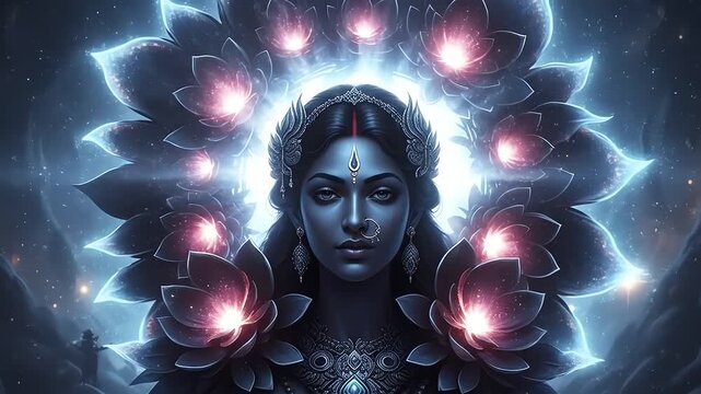Mystical depiction of a serene dark-skinned goddess with a glowing aura and luminous lotus patterns in a cosmic setting.