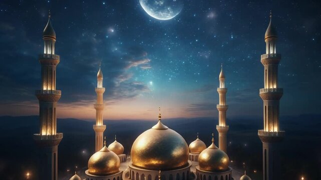A golden mosque with minarets and domes under a night sky with a full moon and stars in the background, possibly for Ramadan or Islamic celebrations