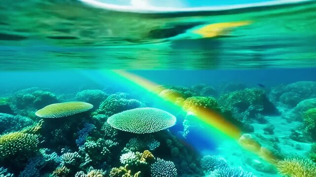 Macro drone shot capturing vibrant coral reef from inches above water surface, reflections, 4K loop, 2026