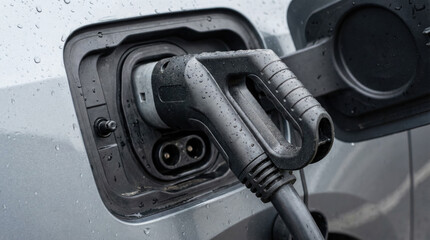 Electric vehicle charging station with connector use, showcasing modern technology