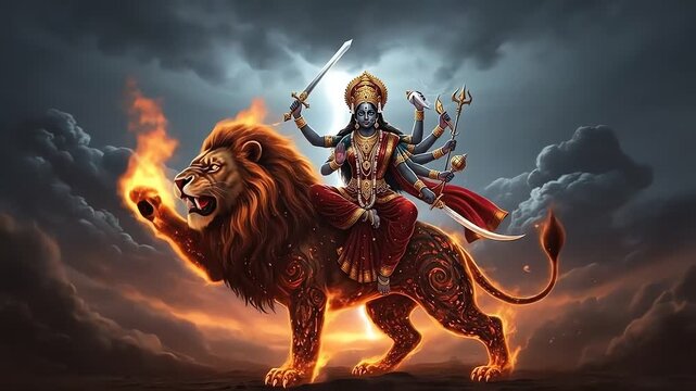 Powerful Hindu goddess riding a fiery lion under a dramatic sky, wielding multiple weapons in a divine and mystical scene.
