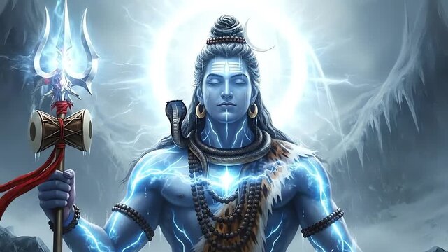Lord Shiva meditating with a trident, blue skin, and a glowing aura in a mystical, icy landscape, embodying divine power.