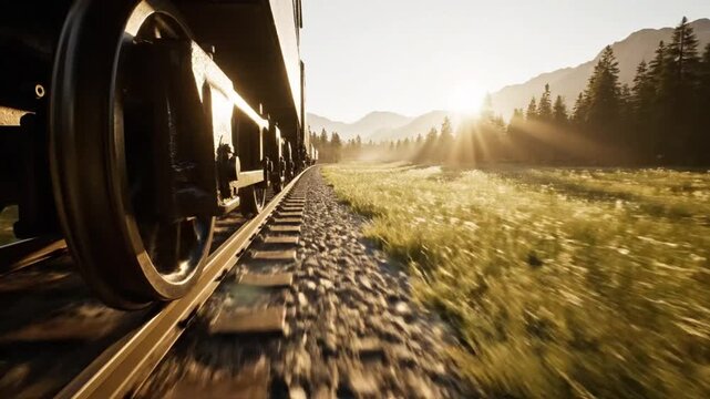 Vintage Steam Train on Track Through Forest Valley at Sunrise, Motion Blur