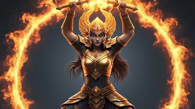 Powerful female warrior in golden armor holding two fiery swords with a ring of fire around her.