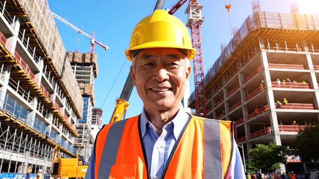 Construction worker smiling at camera on building site with crane and scaffolding