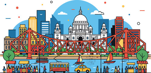 Obraz premium Kolkata City Skyline Vector Illustration with Howrah Bridge, Victoria Memorial, Iconic Yellow Taxi and Tram, West Bengal India Urban Heritage Architecture