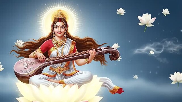Hindu goddess Saraswati playing veena on a lotus flower with a halo and floating lotuses in a blue sky.