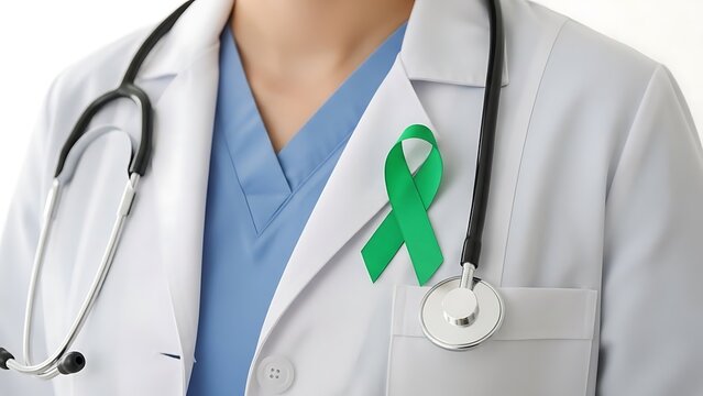 Doctor wearing a stethoscope with a green ribbon for organ donation awareness - Powered by Adobe