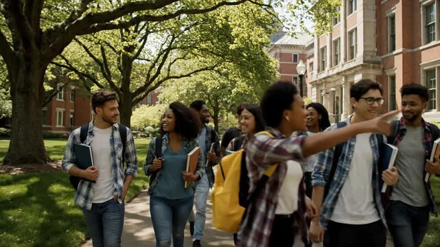 Students walking on a campus pathway together, exploring and discussing, surrounded by trees and buildings on a sunny day.
