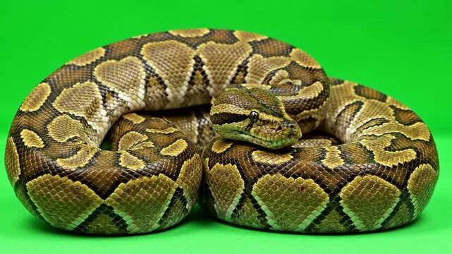 Captivating brown and tan patterned python snake coiled gracefully on a vivid green background, presenting its intricate scales and serene posture for educational or wildlife media
