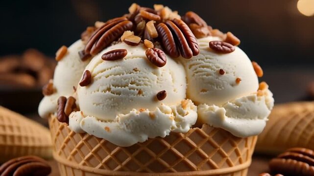 Delicious vanilla ice cream with pecans in waffle cone on table with blurred background lights