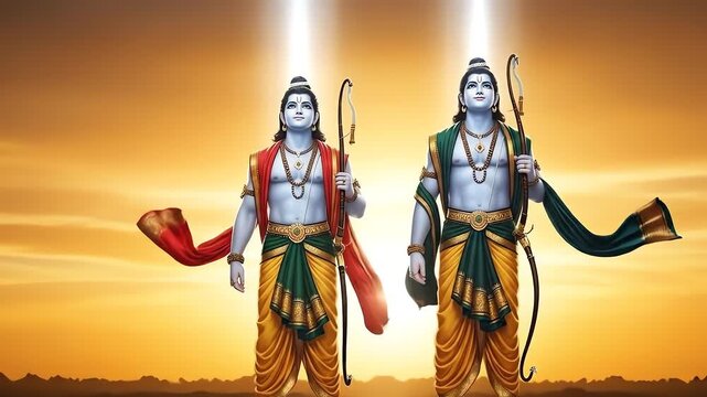 Two blue-skinned Hindu deities, Lord Rama and Lakshmana, holding bows and arrows, standing against a radiant sunset sky with divine light.