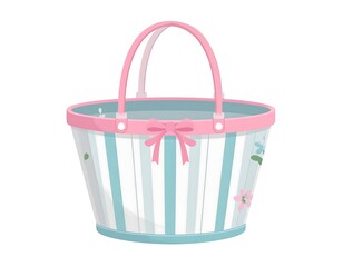 Pastel-colored striped basket with floral accents and pink trim and handle on a white background