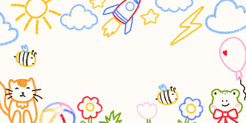 Cute crayon square frame of flower, cat, tree, cloud, sun illustrarion. Designed for kindergarten templates, kids birthday banners, and cheerful preschool graphics