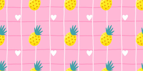 Obraz premium Seamless cute pineapple pattern with bright yellow fruit and soft gingham texture. Designed for nursery fabrics, kids wallpaper, and cheerful summer packaging