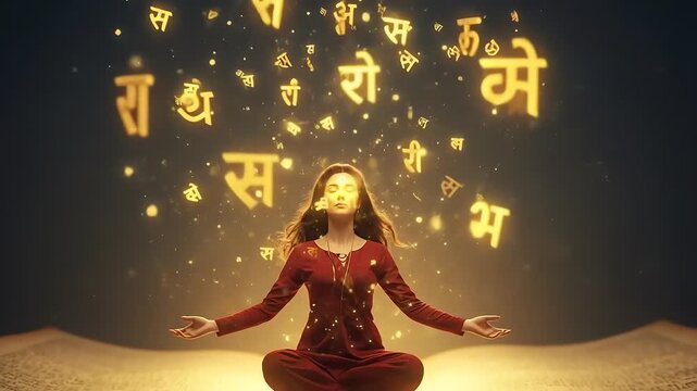 Woman meditating with glowing Hindi script characters floating around her.