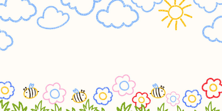 Cute crayon square frame of flower, cloud, sun illustrarion. Designed for kindergarten templates, kids birthday banners, and cheerful preschool graphics