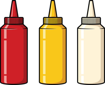 Sauce squeeze bottle vector set in red yellow and white colors for condiment food packaging and kitchen design