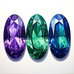 Fototapeta premium Three colorful, faceted oval gems on a white background