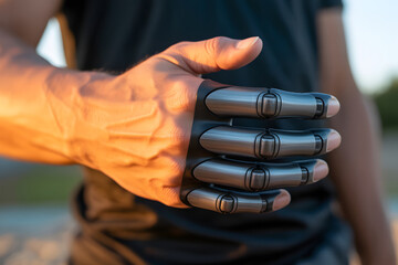 Close-up of a Human Hand with a Futuristic Robotic Prosthetic Finger