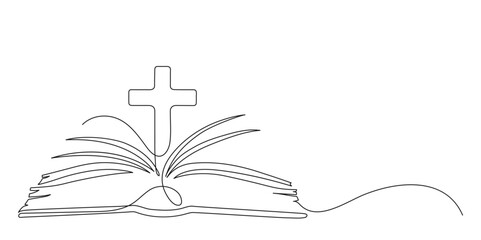 Holy Bible. Open book with Cross. Continuous line drawing. Christianity religion concept. Frame border.