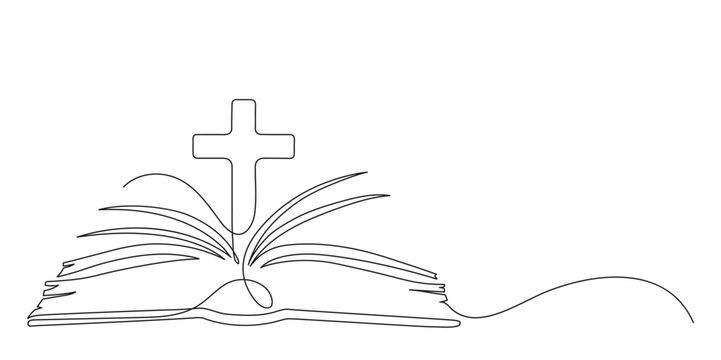 Holy Bible. Open book with Cross. Continuous line drawing. Christianity religion concept. Frame border.