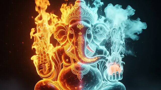 Ganesha deity depicted with a striking duality of fire and ice, glowing against a dark background.