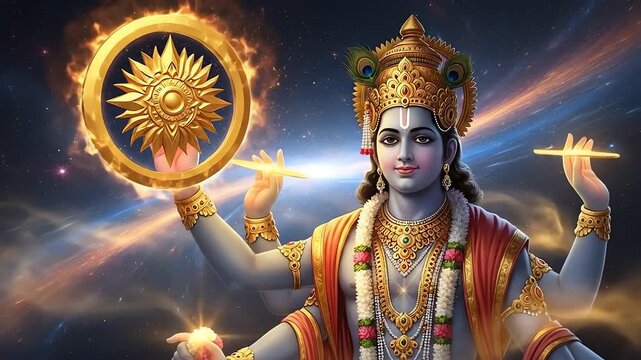 Vibrant depiction of Lord Vishnu, a Hindu deity, with multiple arms holding divine symbols against a cosmic background.