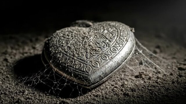 Heart locket covered in dust and cobwebs lying on dry earth as a symbol of forgotten love and past memories