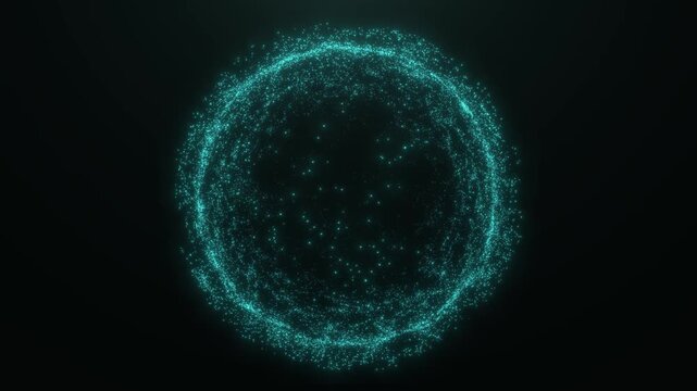 Glowing turquoise particle ring forming abstract energy sphere on dark background, futuristic digital halo with smooth motion, depth, and sci-fi ambience.
